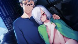 Rule 34 | 1boy, 1girl, akeiro kaikitan, blue-framed eyewear, blue eyes, blue sky, blue sweater, blush, bottomless, collarbone, couch, couple, day, dutch angle, flat chest, game cg, glasses, green shirt, hair over one eye, hand on another&#039;s shoulder, head tilt, hetero, indoors, light rays, long sleeves, looking at viewer, naked shirt, navel, nipples, no bra, on couch, open clothes, open shirt, pink eyes, plant, potted plant, shirt, short hair, silver hair, sitting, sky, stomach, sumeragi kohaku, sunlight, sweater, unbuttoned, unbuttoned shirt, velvet (akeiro kaikitan)