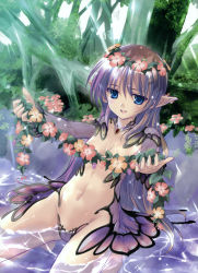 Rule 34 | 1girl, absurdres, blue eyes, censored, convenient censoring, female focus, flower, head wreath, highres, image sample, komatsu eiji, navel, pointy ears, purple hair, solo, wading, water