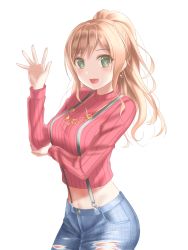 Rule 34 | 1girl, :d, arm under breasts, bang dream!, blush, breasts, brown hair, commentary, cowboy shot, crop top, denim, earrings, fingernails, green eyes, groin, hair between eyes, half updo, hand up, highres, imai lisa, jeans, jewelry, large breasts, long fingernails, long hair, long sleeves, looking at viewer, midriff, navel, open hand, open mouth, pants, ponytail, red sweater, ribbed sweater, sidelocks, simple background, smile, solo, standing, suspenders, sweater, torn clothes, torn jeans, torn pants, totoshion, turtleneck, turtleneck sweater, white background