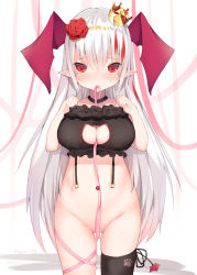Rule 34 | 1girl, bare arms, bare shoulders, between breasts, black bra, black choker, black thighhighs, blush, bottomless, bra, breasts, cat cutout, cat lingerie, choker, cisyo, cleavage, cleavage cutout, closed mouth, clothing cutout, commentary request, convenient censoring, cowboy shot, crown, facial mark, fingernails, flower, groin, hair flower, hair ornament, hands up, head wings, heart, highres, large breasts, long hair, meme attire, mini crown, mouth hold, multicolored hair, nail polish, nose blush, original, pink ribbon, pointy ears, red eyes, red flower, red hair, red nails, red rose, red wings, ribbon, ribbon in mouth, rose, signature, silver hair, single thighhigh, skindentation, solo, streaked hair, thighhighs, tilted headwear, underwear, underwear only, very long hair, white background, wings