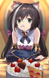 Rule 34 | 1girl, @ @, amagasa yun, animal ear fluff, animal ears, arms on table, bare shoulders, black hair, blush, bow, breasts, bug, cake, cat ears, cat girl, commentary request, detached sleeves, elbow rest, food, fruit, green eyes, hair bow, highres, karyl (princess connect!), long hair, long sleeves, looking at viewer, low twintails, medium breasts, mouth hold, multicolored hair, princess connect!, purple bow, solo, strawberry, streaked hair, table, tail, twintails, white hair