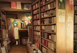 Rule 34 | 1girl, ahoge, animal ears, apron, blue hair, book, bookshelf, bookstore, rabbit ears, highres, indoors, light, poster (medium), poster (object), red eyes, shop, sign, slippers, smile, solo, tottori