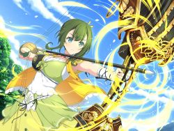Rule 34 | 1girl, archery, blue eyes, bow and arrow, breasts, dress, forest, green dress, green hair, hiyori (senran kagura), large breasts, nature, official art, one glove, senran kagura, senran kagura new link, serious, side ponytail