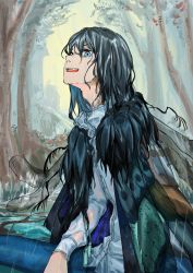 Rule 34 | 1boy, absurdres, bad id, bad pixiv id, black hair, blue eyes, blue hair, da mei, fang, fate/grand order, fate (series), flower, forest, frills, fur trim, grass, highres, insect wings, looking at viewer, male focus, medium hair, multicolored hair, nature, oberon (fate), open mouth, outdoors, red flower, see-through, sitting, smile, solo, tassel, teeth, tongue, transparent, tree, two-tone hair, upper teeth only, water, wet, wet clothes, wings, yellow flower