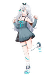 Rule 34 | 1girl, absurdres, and uge, android, asymmetrical legwear, black choker, blue eyes, breasts, choker, commentary request, detached sleeves, dress, foot up, frilled dress, frills, full body, grey dress, grey hair, grey sleeves, highres, joints, long hair, looking at viewer, mago1 vt, medium bangs, nanashi inc., open mouth, robot girl, robot joints, shoes, simple background, sleeveless, sleeveless dress, small breasts, smile, sneakers, socks, solo, thick eyebrows, uneven legwear, very long hair, virtual youtuber, white background, white footwear, white socks, winding key