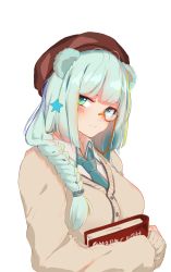 Rule 34 | 1girl, animal ears, arknights, bear ears, beret, blue eyes, blue hair, blue necktie, book, braid, brown cardigan, brown hat, cardigan, collared shirt, commentary request, female focus, green eyes, hair ornament, hair over shoulder, hat, hugging object, inniyik, istina (arknights), long hair, long sleeves, monocle, multicolored eyes, necktie, russian commentary, semi-rimless eyewear, shirt, side braid, simple background, solo, star (symbol), star hair ornament, under-rim eyewear, upper body, white background, white shirt