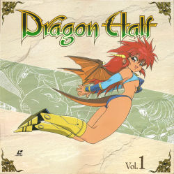 Rule 34 | 1990s (style), 1girl, armored boots, boots, bracer, copyright name, cover, dragon half, dragon horns, dragon tail, dragon wings, full body, highres, horns, knee boots, laserdisc cover, mink (dragon half), official art, open mouth, red eyes, red hair, retro artstyle, solo, tail, wings