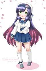 Rule 34 | 1girl, black hair, blue neckerchief, blue ribbon, blue skirt, cherry blossoms, commentary request, dated, flower, full body, gloves, gradient hair, green eyes, kantai collection, kneehighs, loafers, long hair, long sleeves, masara (chuujou), matsuwa (kancolle), multicolored hair, neckerchief, one-hour drawing challenge, pleated skirt, purple hair, ribbon, school uniform, serafuku, shoes, simple background, skirt, smile, socks, solo, standing, twitter username, white background, white gloves, white socks