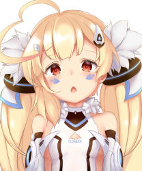 Rule 34 | 1girl, ahoge, azur lane, bad id, bad pixiv id, blonde hair, blush, breasts, character name, chestnut mouth, collarbone, detached sleeves, dress, eldridge (azur lane), facial mark, hair ornament, hairclip, head tilt, heart, heart-shaped pupils, highres, long hair, open mouth, ponta (velmar), red eyes, sidelocks, simple background, sleeveless, sleeveless dress, small breasts, solo, symbol-shaped pupils, twintails, upper body, white background, white dress, white sleeves