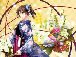 Rule 34 | 1girl, absurdres, bow (weapon), brown eyes, brown hair, checkered background, floral print, flower, gloves, hand on own chest, highres, holding, holding bow (weapon), holding weapon, japanese clothes, kaga (kancolle), kantai collection, kimono, long hair, muneate, partially fingerless gloves, partly fingerless gloves, ribbon, scan, side ponytail, simple background, solo, weapon, wide sleeves, yahako, yugake