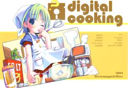 Rule 34 | 00s, 1girl, 2004, ?, blush, cooking, eyebrows, floppy disk, food, highres, one eye closed, pop, short hair, skirt, solo, thighhighs