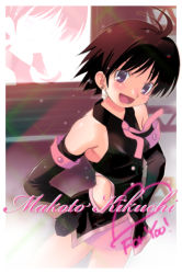 Rule 34 | 1girl, :d, antenna hair, bare shoulders, black hair, blurry, blurry background, blush, border, character name, commentary request, depth of field, earrings, elbow gloves, english text, gloves, gothic princess (idolmaster), hand on own hip, heart, idolmaster, idolmaster (classic), jewelry, kikuchi makoto, looking at viewer, miniskirt, open mouth, purple eyes, seguchi takahiro, short hair, skirt, sleeveless, smile, solo, white border