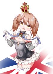 Rule 34 | 1girl, absurdres, azur lane, bare shoulders, blush, breasts, brown hair, covered navel, cowboy shot, crown, detached collar, detached sleeves, fang, gloves, head tilt, highres, kantai collection, kirigakure (kirigakure tantei jimusho), looking at viewer, open mouth, ryuujou (kancolle), short hair, small breasts, smile, solo, standing, thighhighs, twintails, union jack, white gloves, white thighhighs, yellow eyes, zettai ryouiki