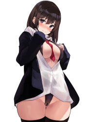 Rule 34 | 1girl, bar censor, between breasts, bikini, black bikini, black thighhighs, blush, breasts, brown hair, censored, center opening, closed mouth, collared shirt, covered erect nipples, dress shirt, highleg, highleg swimsuit, highres, jacket, kekemotsu, large breasts, long hair, long sleeves, looking at viewer, necktie, one-piece swimsuit, open clothes, open jacket, original, purple eyes, red neckwear, shirt, simple background, swimsuit, tearing up, thighhighs, thighs, white background, white shirt