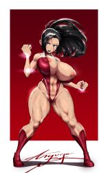 Rule 34 | 1girl, alternate body size, anguriask, artist name, bare shoulders, black eyes, black hair, boku no hero academia, boots, breasts, curvy, full body, high ponytail, highleg, highleg leotard, highres, huge breasts, leotard, long hair, navel, nipples, open mouth, ponytail, red background, red theme, sleeveless, solo, stomach, sweat, thick thighs, thighs, thong leotard, unaligned breasts, wet, wide hips, yaoyorozu momo
