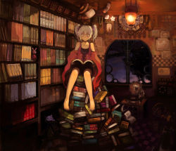 Rule 34 | 1girl, barefoot, book, book stack, bookshelf, himao, indoors, open book, original, phonograph, reading, solo, twintails, white hair