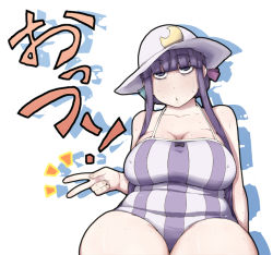 Rule 34 | 1girl, breasts, casual one-piece swimsuit, cleavage, crescent moon, female focus, gogyoo hiroshi, huge breasts, moon, one-piece swimsuit, patchouli knowledge, plump, purple eyes, purple hair, ribbon, solo, sweat, swimsuit, touhou, v