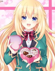 Rule 34 | 1girl, blazer, blonde hair, blue eyes, blush, bow, bowtie, box, breasts, chocolate, collared shirt, green jacket, hair between eyes, heart-shaped box, highres, holding, holding box, jacket, lewdkuma, long hair, looking at viewer, medium breasts, neptune (series), open mouth, red bow, red bowtie, shirt, sidelocks, signature, solo, sparkle, valentine, vert (neptunia), white shirt