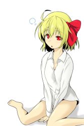 Rule 34 | 1girl, bare legs, barefoot, blonde hair, blush, bottomless, bow, dress shirt, hair bow, highres, looking at viewer, no pants, red eyes, rumia, s-ghost, shirt, short hair, simple background, sitting, sleepy, solo, touhou, wariza, white background, white shirt