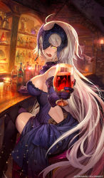 Rule 34 | 1girl, ahoge, alcohol, avenger class (fate), bar (place), bar stool, blue dress, blush, bottle, breasts, caster class (fate), cup, dress, drinking glass, elbow gloves, fate/grand order, fate (series), from side, gilles de rais (caster) (fate), gilles de rais (saber) (fate), gloves, gold trim, grey hair, half-closed eyes, hand up, headpiece, highres, holding, holding cup, holding drinking glass, indoors, jeanne d&#039;arc (fate), jeanne d&#039;arc alter (fate), jeanne d&#039;arc alter (holy night supper) (fate), lack, large breasts, long hair, looking at viewer, official alternate costume, official art, open mouth, purple gloves, purple thighhighs, sideboob, sitting, solo, solo focus, stool, teeth, thighhighs, very long hair, watermark, wine, wine bottle, wine glass, yellow eyes