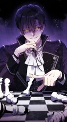 Rule 34 | 1boy, black hair, black jacket, board game, chess, chess piece, chessboard, etam erno, formal, highres, i&#039;m being raised by villains, jacket, night, night sky, shirt, short hair, sitting, sky, smile, solo, suit, white shirt, yellow eyes