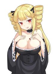 Rule 34 | 1girl, bare shoulders, black dress, black ribbon, black souls, blonde hair, blood, blood from mouth, breasts, choker, cleavage, dress, elisabeth (black souls), frilled choker, frills, hair ribbon, highres, itakama, large breasts, looking at viewer, red eyes, ribbon, ringlets, simple background, solo, white background, wide sleeves