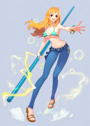 Rule 34 | 1girl, absurdres, bare arms, bare shoulders, belt, bikini, bikini top only, blue background, bracelet, breasts, brown eyes, cleavage, denim, earrings, full body, gu tao, hand up, high heels, highres, holding, holding staff, jeans, jewelry, large breasts, long hair, midriff, nami (one piece), navel, one piece, open mouth, orange hair, pants, polearm, sandals, shoulder tattoo, sidelocks, smile, solo, staff, standing, stomach, swimsuit, tattoo, underboob, weapon