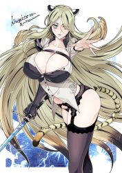 Rule 34 | 1girl, animal ears, blonde hair, blue eyes, breasts, cleavage, commission, commissioner upload, garter belt, gauntlets, huge breasts, long hair, minchia, open clothes, open shirt, original, skeb commission, solo, sword, tail, thighhighs, thighs, tiger stripes, weapon