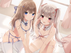 Rule 34 | 2girls, :d, blue eyes, bra, braid, breasts, brown hair, detached collar, dutch angle, fang, garter belt, hair ornament, hair ribbon, highres, indoors, long hair, mafuyu (chibi21), multiple girls, navel, non-web source, on bed, open mouth, original, panties, pink eyes, ribbon, side-tie panties, side braid, sidelocks, silver hair, sitting, small breasts, smile, thighhighs, twintails, underwear, underwear only, very long hair, white bra, white legwear, white panties, yokozuwari