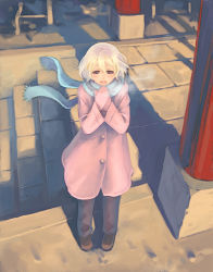 Rule 34 | 1girl, blonde hair, blue scarf, breath, brown eyes, coat, from above, gloves, lowres, mittens, original, outdoors, pants, scarf, short hair, solo, stairs, weno, weno&#039;s blonde original character