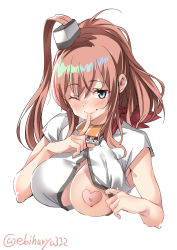 Rule 34 | 1girl, blush, breasts, brown hair, ebifurya, finger to mouth, grey eyes, hair ornament, heart, highres, kantai collection, large breasts, long hair, no bra, one breast out, one eye closed, pasties, ponytail, saratoga (kancolle), simple background, solo, twitter username, white background