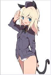 Rule 34 | 1girl, animal ears, bad id, bad twitter id, black hat, black ribbon, blonde hair, blue eyes, blush, border, breast pocket, caburi, cat ears, cat tail, garrison cap, grey border, hat, helma lennartz, highres, neck ribbon, open mouth, panties, pocket, ribbon, salute, simple background, solo, strike witches, strike witches: suomus misfits squadron, tail, underwear, white background, white panties, world witches series