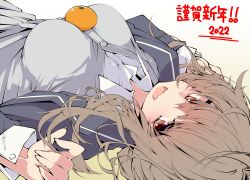 Rule 34 | 1girl, 2022, alternate breast size, alternate costume, between breasts, black jacket, blazer, blush, breasts, brown eyes, brown hair, commentary request, fang, food, fruit, gradient background, grey vest, hair between eyes, highres, inazuma (kancolle), jacket, kantai collection, looking at viewer, lying, new year, on back, open mouth, orange (fruit), sakakiba misogi, simple background, skin fang, solo, sweater vest, vest