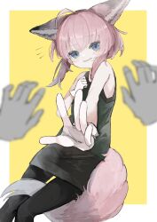 Rule 34 | 1girl, ahoge, animal ears, arknights, between legs, black pantyhose, black skirt, black tank top, blue eyes, border, disembodied hand, extra ears, foreshortening, fox ears, fox girl, fox tail, gloves, highres, looking at viewer, outside border, pantyhose, pov, pov hands, short hair, sidelocks, skirt, solo, solo focus, sussurro (arknights), tail, tail between legs, tank top, tsuyukusa (tuyukusa aaa), white border, white gloves, yellow background