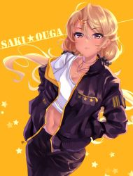 Rule 34 | amaryllis gumi, black scrunchie, blonde hair, breasts, character name, cleavage, closed mouth, collarbone, commentary request, cropped shirt, earrings, fang, fang out, hair ornament, hair scrunchie, hairclip, hands in pockets, highres, jacket, jewelry, looking at viewer, low twintails, midriff, navel, navel piercing, necklace, off shoulder, open clothes, open jacket, orange background, ouga saki, pants, piercing, red eyes, scrunchie, shashaki, shirt, solo, star (symbol), star earrings, star hair ornament, star necklace, starry background, sweatpants, twintails, virtual youtuber, white shirt