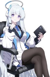 Rule 34 | 1girl, absurdly long hair, absurdres, black pantyhose, blazer, blue archive, blue necktie, blunt bangs, book, chair, closed mouth, commentary, crossed legs, halo, highres, holding, holding book, jacket, long hair, long sleeves, looking at viewer, mechanical halo, necktie, noa (blue archive), office chair, pantyhose, purple eyes, reia 76, school uniform, shirt, simple background, sitting, skirt, smile, solo, swivel chair, very long hair, white background, white hair, white shirt, white skirt