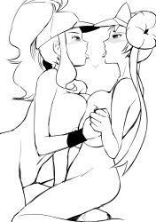 Rule 34 | 10s, 2girls, after kiss, alternate breast size, baseball cap, between legs, breast press, breasts, creatures (company), double bun, eye contact, game freak, greyscale, hair bun, hand between legs, hat, high ponytail, hilda (pokemon), holding hands, huge breasts, lineart, long hair, looking at another, maydrawfag, monochrome, multiple girls, nintendo, nipples, nude, pokemon, pokemon bw, pokemon bw2, pussy juice, rosa (pokemon), saliva, saliva trail, sidelocks, symmetrical docking, tongue, tongue out, twintails, visor cap, yuri