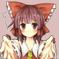 Rule 34 | 1girl, bad id, bad pixiv id, blush, bow, brown eyes, brown hair, female focus, foreshortening, frown, hair bow, hakurei reimu, no nose, outstretched arms, pasutel, reaching, reaching towards viewer, solo, touhou, upper body