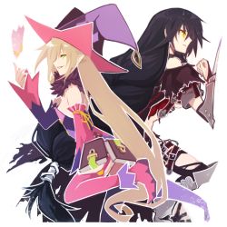 Rule 34 | 2girls, armor, bare shoulders, belt, black hair, book, breasts, brown hair, card, chain, choker, coat, detached sleeves, fur, green eyes, grin, hat, long hair, magilou (tales), multiple girls, open mouth, pointy ears, shoes, tales of (series), tales of berseria, thighhighs, torn clothes, underboob, velvet crowe, very long hair, weapon, witch hat, yellow eyes