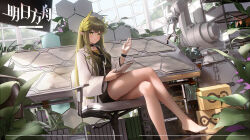 Rule 34 | 1girl, arknights, bare legs, barefoot, black choker, black skirt, blunt bangs, blush, box, bracelet, breasts, brown shirt, cardboard box, chair, chinese commentary, choker, closed mouth, commentary, copyright name, crossed legs, green hair, greenhouse, hair ornament, hand up, highres, indoors, infection monitor (arknights), jewelry, lab coat, legs, ling dianxia, long hair, long sleeves, looking at viewer, machinery, medium breasts, miniskirt, muelsyse (arknights), office chair, open clothes, plant, pointy ears, potted plant, shelf, shirt, sitting, skirt, smile, solo, swivel chair, table, very long hair, yellow eyes