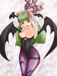 Rule 34 | 1girl, arms up, bat wings, bdsm, blush, bondage, bound, breasts, breasts out, bridal gauntlets, capcom, cleavage, demon girl, elbow gloves, fang, gloves, green eyes, green hair, head wings, kurone, large breasts, leotard, long hair, matching hair/eyes, morrigan aensland, nipples, open mouth, pantyhose, print pantyhose, solo, tears, tentacles, vampire (game), wings