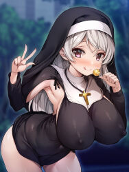 1girl :q absurdres alternate_costume armpit_cutout bent_over black_dress blurry blurry_background blush breasts candy clothing_cutout commentary_request conte_di_cavour_(kancolle) cosplay covered_erect_nipples cross cross_necklace dress food grey_hair habit highres holding holding_candy holding_food holding_lollipop huge_breasts jewelry kantai_collection latin_cross lollipop long_hair long_sleeves looking_at_viewer necklace nun outdoors purple_eyes solo tongue tongue_out torisan w