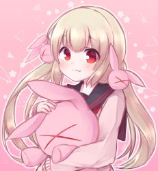 Rule 34 | &gt; &lt;, 1girl, black sailor collar, closed mouth, hair ornament, highres, light brown hair, long hair, long sleeves, looking at viewer, low twintails, natori sana, hugging object, outline, pink background, pink sweater, rabbit hair ornament, red eyes, rensei, sailor collar, sana channel, sleeves past wrists, smile, solo, star (symbol), stuffed animal, stuffed rabbit, stuffed toy, sweater, twintails, upper body, very long hair, virtual youtuber, white outline