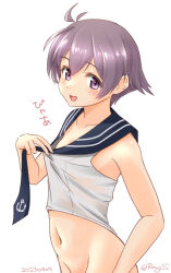Rule 34 | antenna hair, black necktie, black sailor collar, blue sky, cloud, dated, day, flat chest, groin, kantai collection, looking at viewer, navel, necktie, no panties, one-hour drawing challenge, outdoors, purple eyes, purple hair, ray.s, sailor collar, sakawa (kancolle), shirt, shirt tug, short hair, simple background, sky, sleeveless, sleeveless shirt, smile, solo, twitter username, upper body, white background, white shirt
