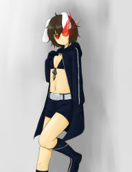 Rule 34 | 1girl, aki081, animal ears, black rock shooter, black rock shooter (character), black rock shooter (cosplay), brown hair, cosplay, female focus, gradient background, inaba tewi, parody, rabbit ears, red eyes, short hair, solo, touhou, vocaloid