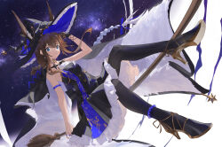Rule 34 | 1girl, amiya (arknights), arknights, arm up, black cloak, black dress, black footwear, black gloves, black hat, blue eyes, boots, breasts, broom, broom riding, brown hair, cloak, closed mouth, commentary request, dress, frilled dress, frills, gloves, hair between eyes, hand on headwear, hat, high heel boots, high heels, highres, looking at viewer, newnand, shoe soles, single glove, sitting, small breasts, smile, solo, space, star (sky), strapless, strapless dress, thigh boots, witch hat