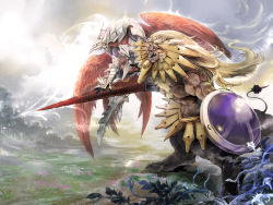 Rule 34 | 2boys, alector sovereign of birds, armor, beast king barbaros, bird wings, blonde hair, centauroid, chinchira, day, duel monster, forest, highres, holding, holding weapon, lance, lion, long hair, multiple boys, muscular, nature, open mouth, outdoors, polearm, red wings, sharp teeth, shield, standing, tail, taur, teeth, toned, weapon, wings, yu-gi-oh!