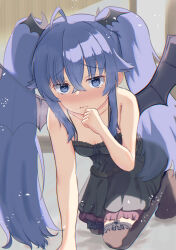 Rule 34 | 1girl, absurdres, ahoge, black dress, black thighhighs, blue eyes, blue hair, blush, breasts, cleavage, closed mouth, commentary request, crying, crying with eyes open, demon girl, demon wings, dress, eyebrows hidden by hair, garter belt, hair between eyes, head wings, heavy breathing, hexenhut wb, highres, kneeling, leaning forward, long bangs, long hair, mushoku tensei, on bed, roxy migurdia, small breasts, solo, tears, thighhighs, twintails, very long hair, wings