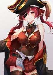 Rule 34 | 1girl, absurdres, ascot, bad id, bad pixiv id, bare shoulders, belt, bicorne, black choker, black coat, black hat, black thighhighs, blush, breast pocket, breasts, brooch, brown belt, buttons, choker, cleavage, closed mouth, coat, cowboy shot, dasha, eyepatch, frilled choker, frills, gold trim, hair ribbon, hat, highres, hololive, houshou marine, jewelry, large breasts, leather belt, leotard, leotard under clothes, medium hair, miniskirt, off shoulder, pirate, pleated skirt, pocket, red ascot, red eyes, red hair, red ribbon, red skirt, ribbon, see-through, see-through cleavage, see-through leotard, simple background, skirt, smile, solo, thighhighs, twintails, two-tone skirt, virtual youtuber, white background, white skirt, zettai ryouiki