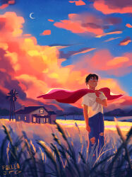 Rule 34 | 1boy, aged down, black hair, cape, clark kent, cloud, cloudy sky, curly hair, dc comics, denim, fallen-jpg, highres, house, jeans, looking up, pants, parted lips, red cape, shirt, short hair, short sleeves, signature, sky, star (sky), starry sky, sunset, superman, superman (series), torn clothes, wheat field, white shirt, wind, windmill